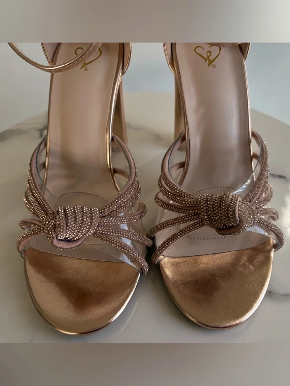 Windsor Rose Gold Rhinestone Metallic Knotted Strap Heels Size 6.5 - Picture 3 of 7